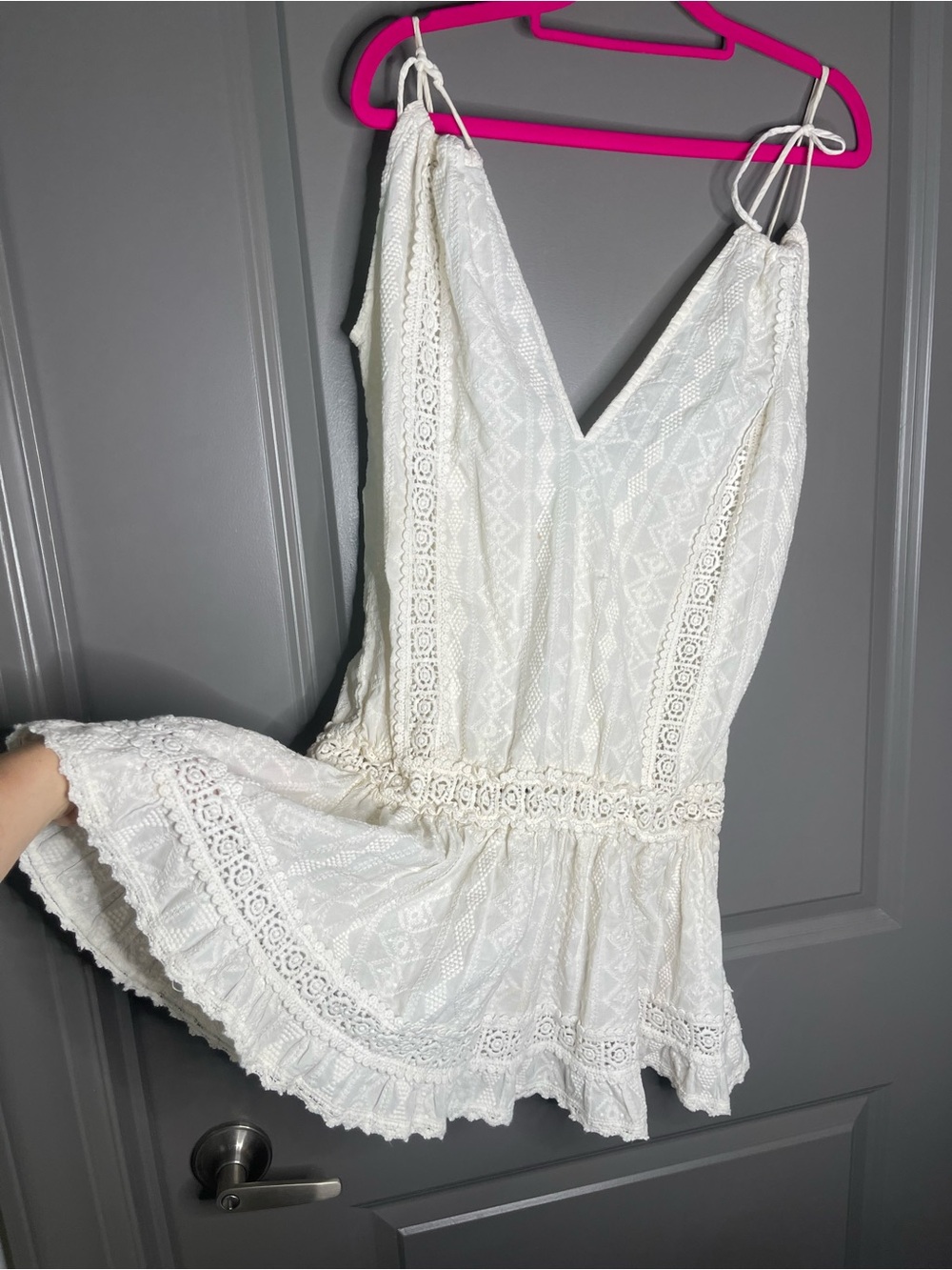 Melissa Odabash ivory cream crochet  jumpsuit shorts Lace Romper with Ruffle  M